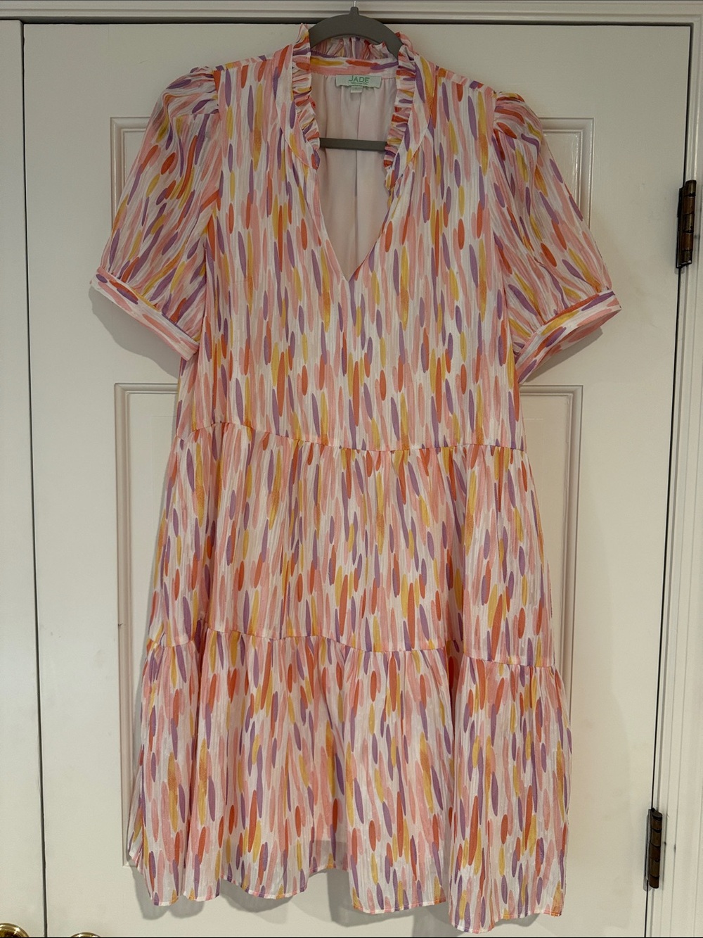 Jade Short-Sleeve Tiered V-Neck Dress in Pink, Orange, Yellow & Purple
